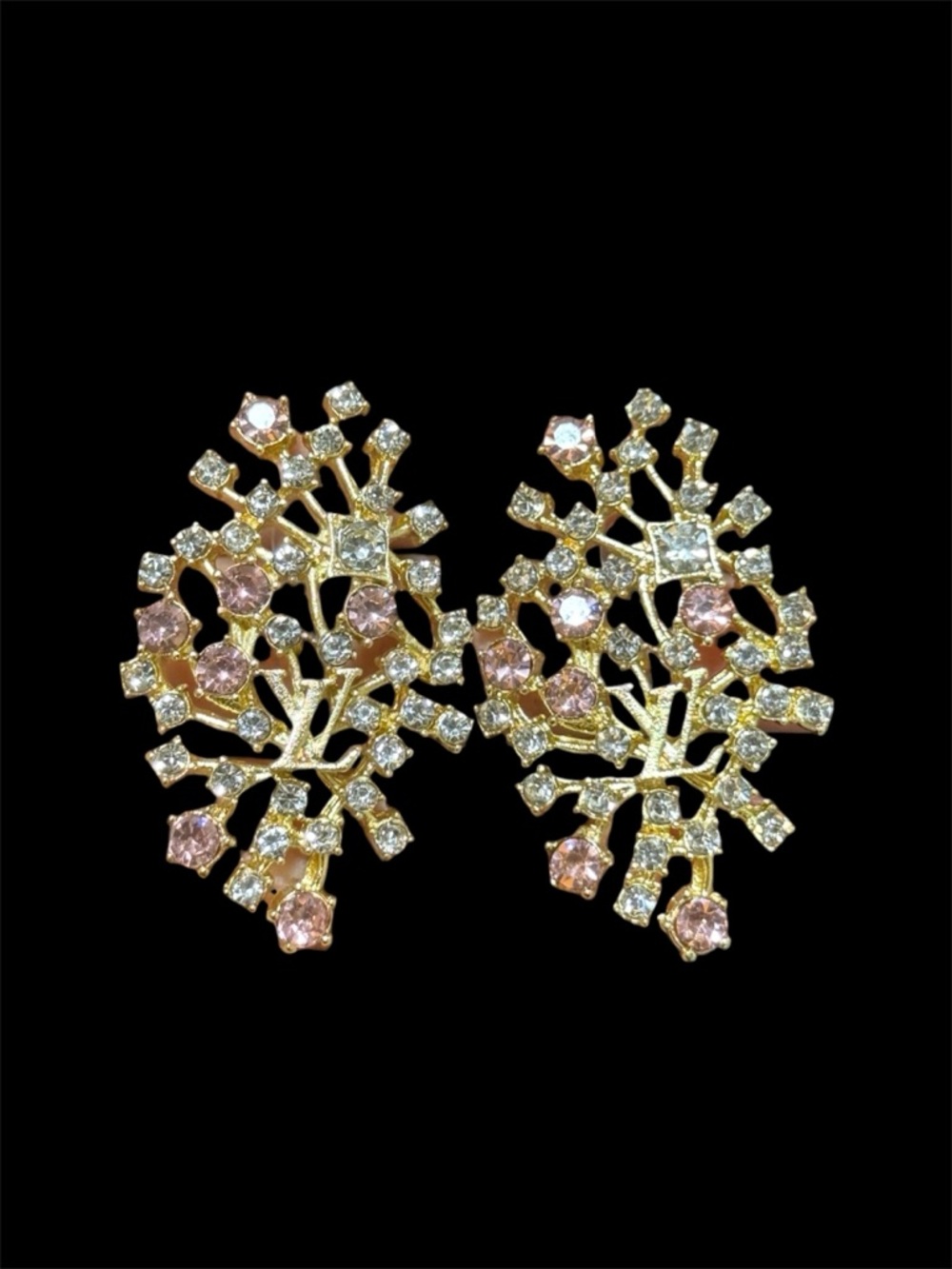 Yellow Gold-Tone Pink Crystal Branch Earrings